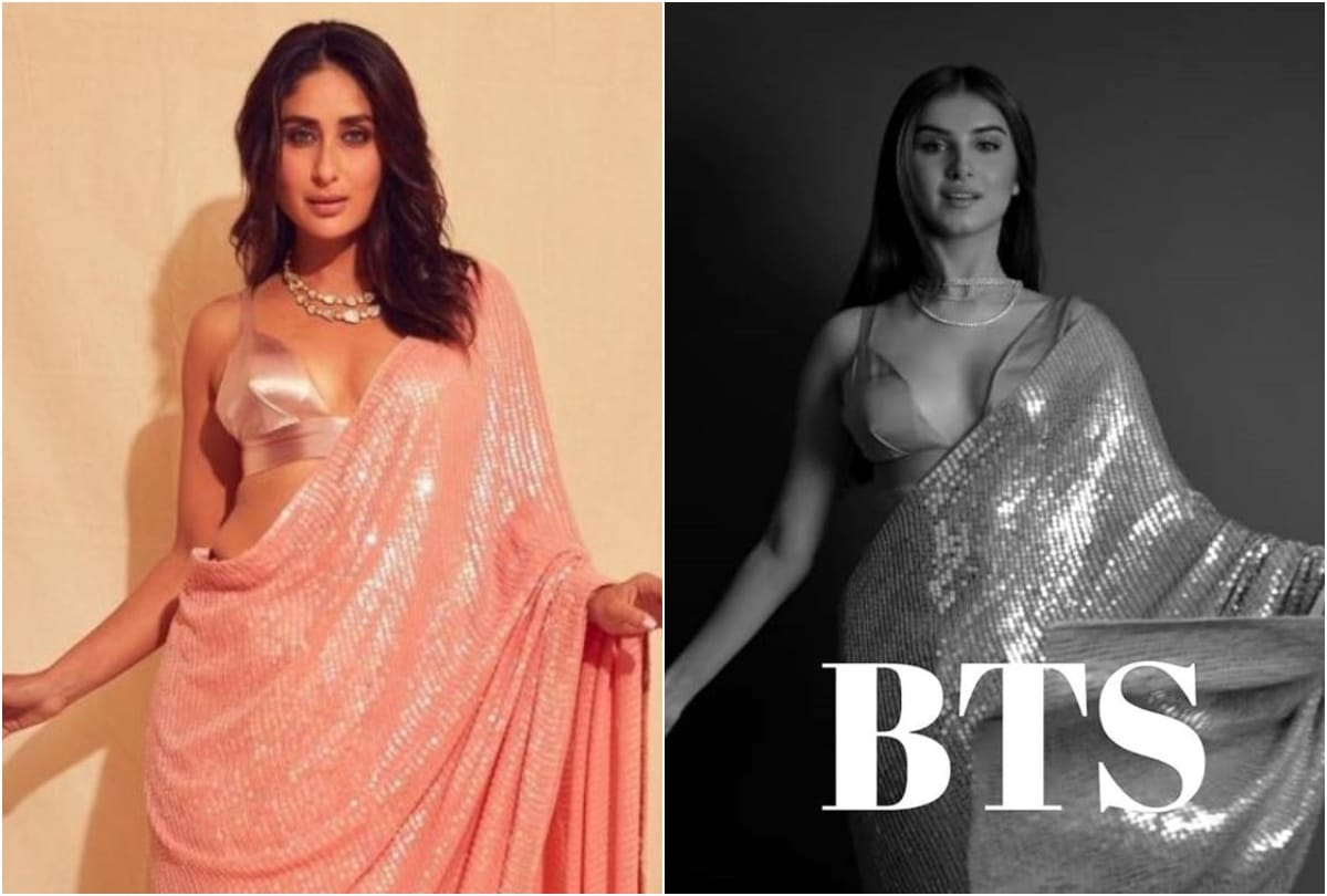 tara sutaria wear bold bikini blouse with shimmery grey saree