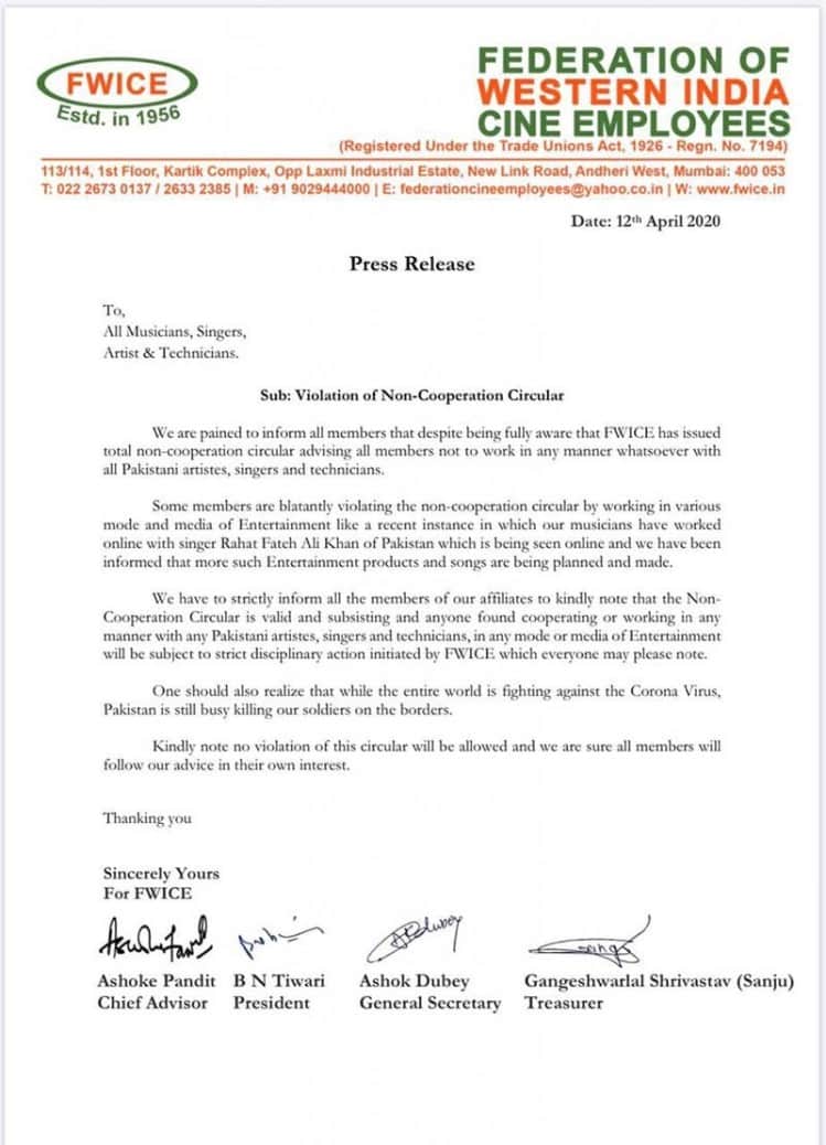 FWICE warning issued not to work with pakistani artistes