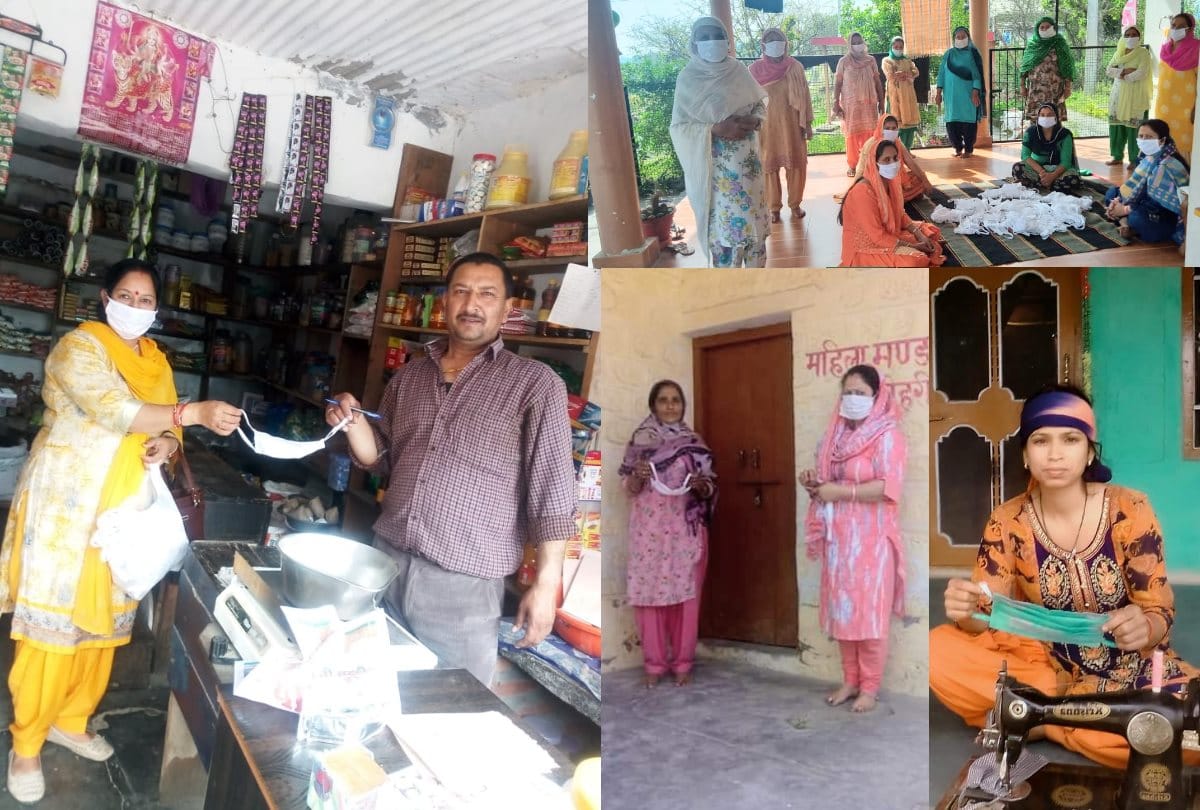 Ex Pradhan Panchayat Tihri making masks with Mahila Mandals in Kangra in Himachal Pradesh