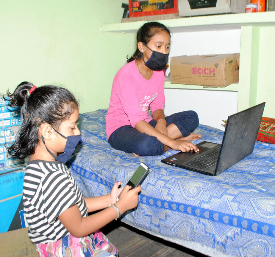 Students studying online in lockdown in Chitrakoot