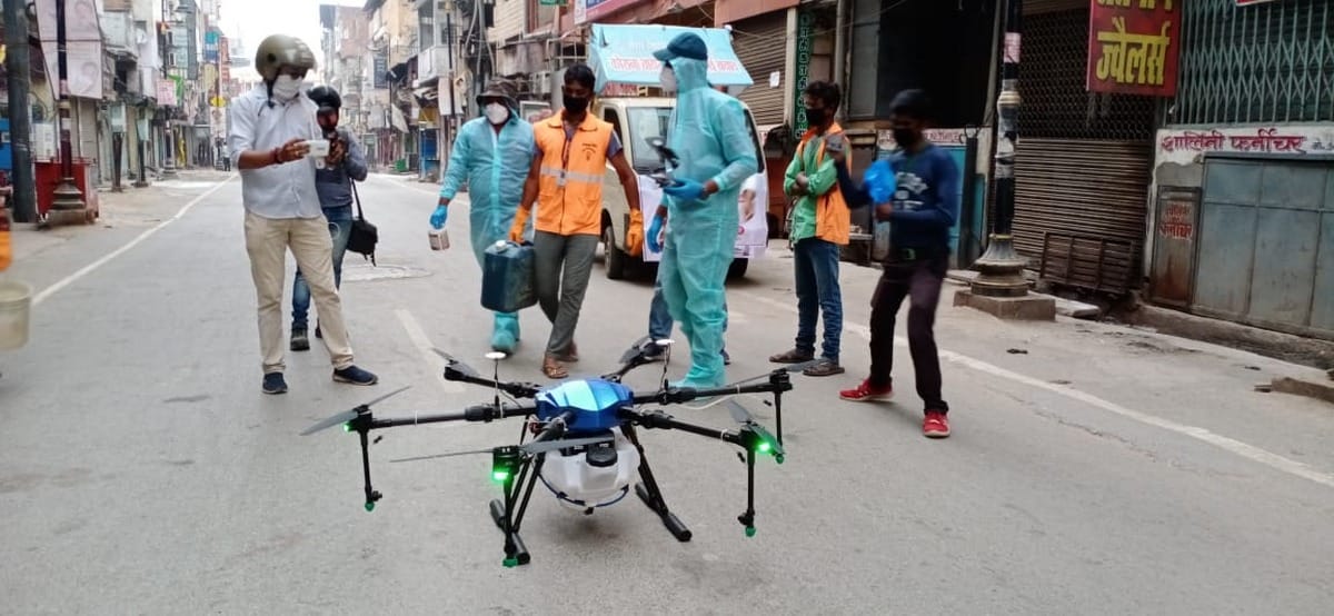 Garud drones start sanitization in hotspot madanpura area in varanasi