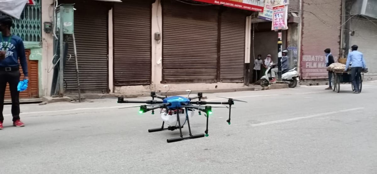 Garud drones start sanitization in hotspot madanpura area in varanasi