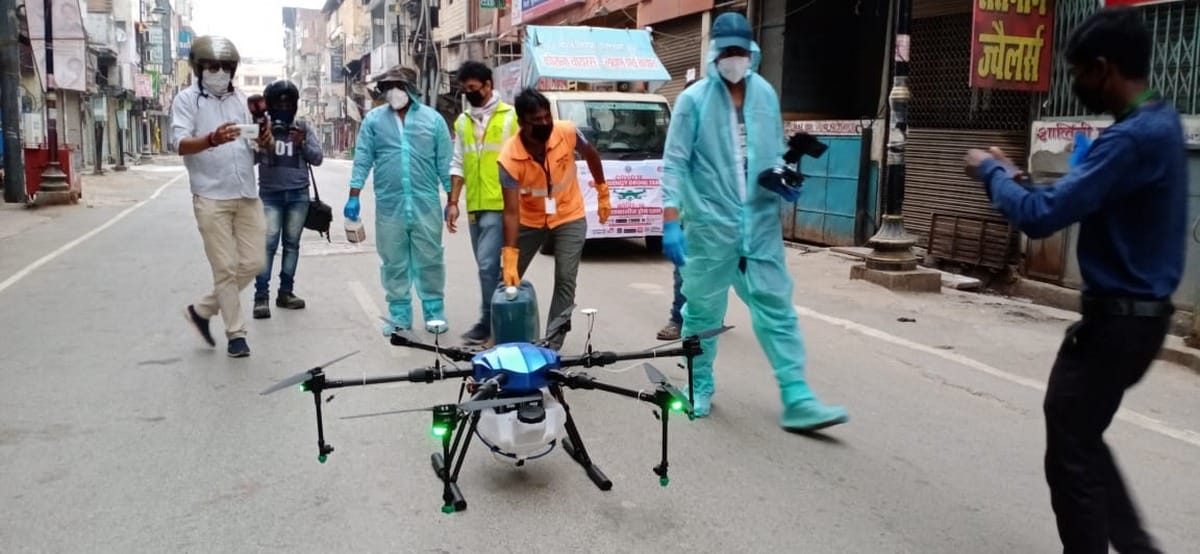 Garud drones start sanitization in hotspot madanpura area in varanasi