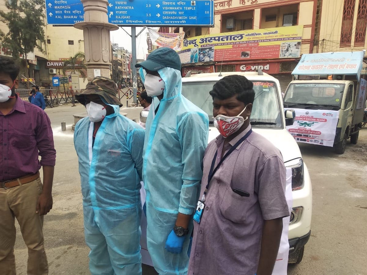 Garud drones start sanitization in hotspot madanpura area in varanasi