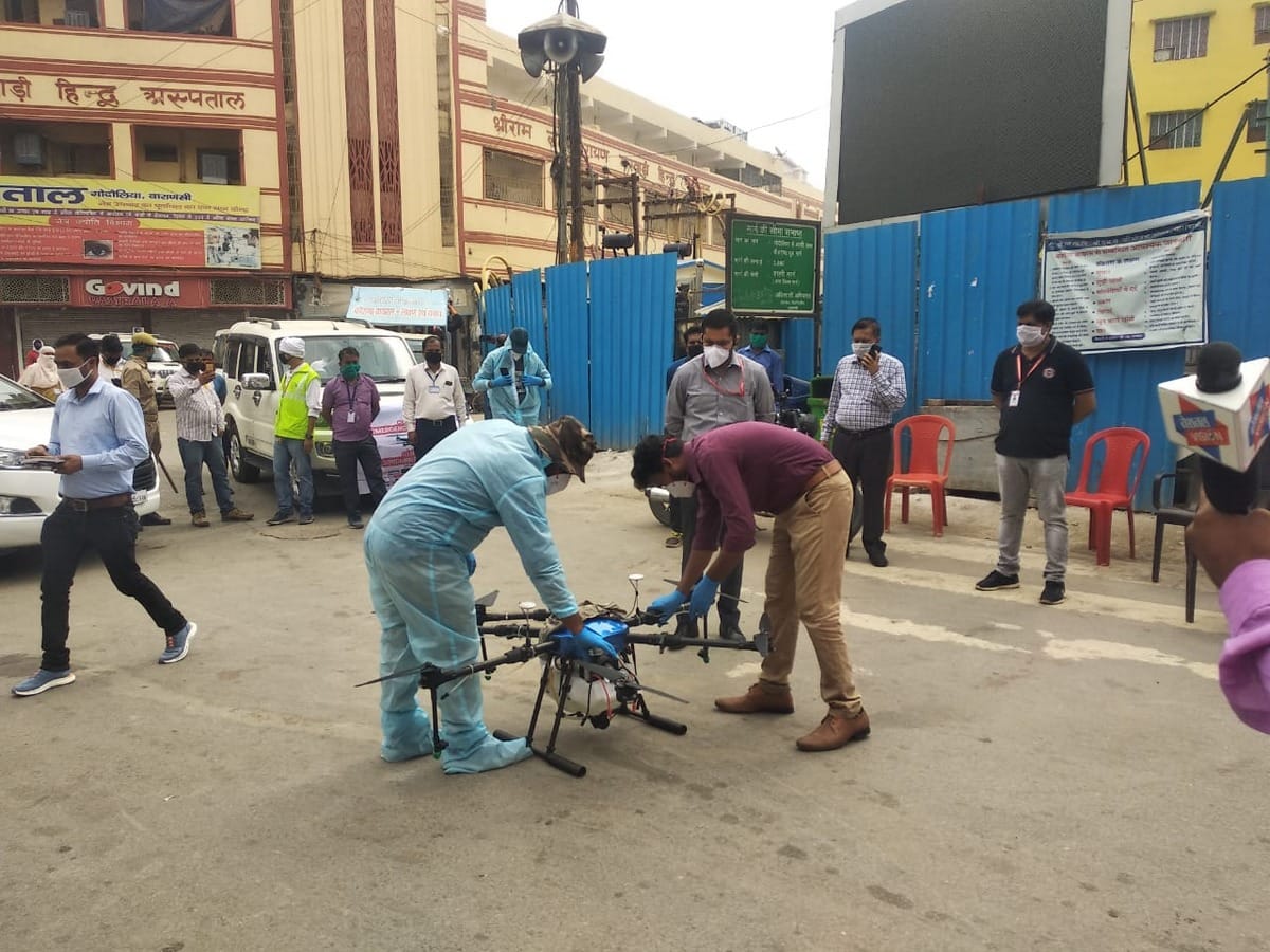 Garud drones start sanitization in hotspot madanpura area in varanasi