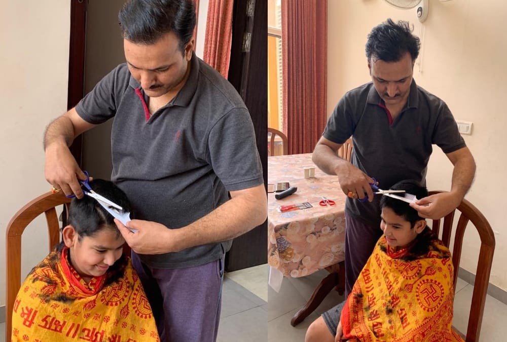 UP government minister Satish Chandra Dwivedi becomes hair dresser for his son.