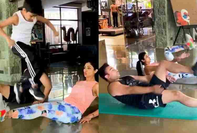 shilpa shetty and raj kundra exercise when son viaan doing fun things