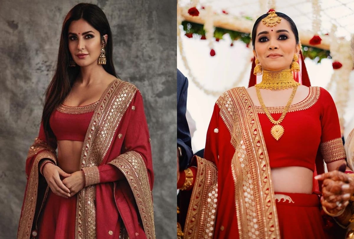 katrina kaif red lahenga designed by sabyasachi wore by this real life bride