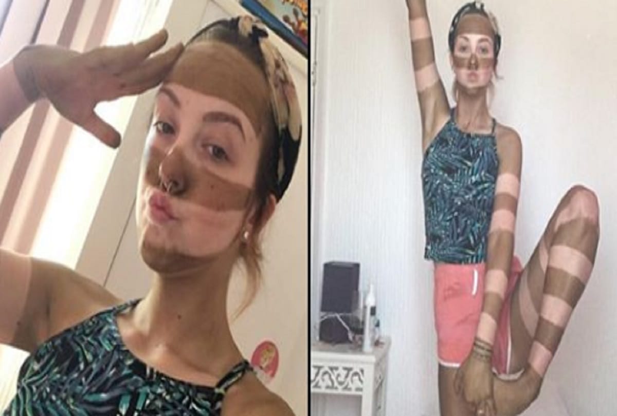 Bored woman gives herself a bizarre stripy fake tan makeover by using sellotape in lockdown