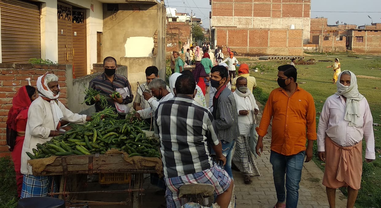 Crowd to buy vegetables in Madia village of Chandauli