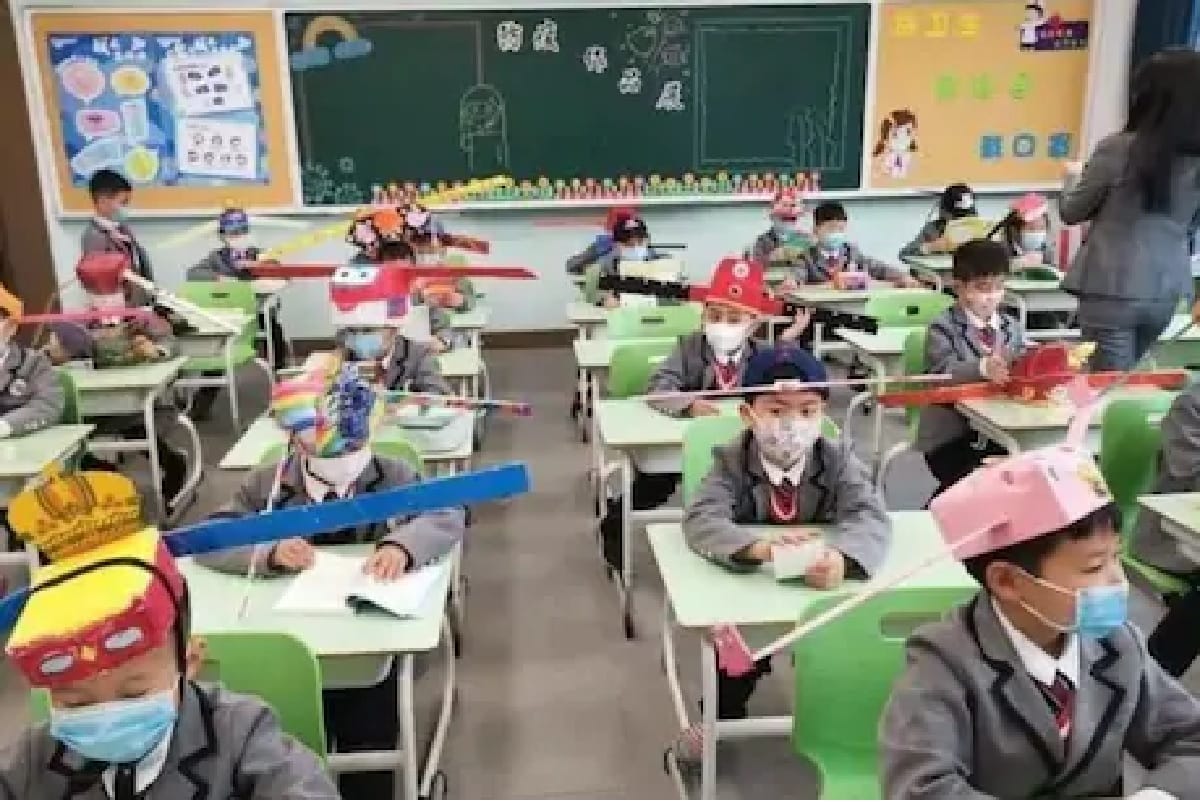 Coronavirus in China: Chinese students are using special caps for social distancing in school