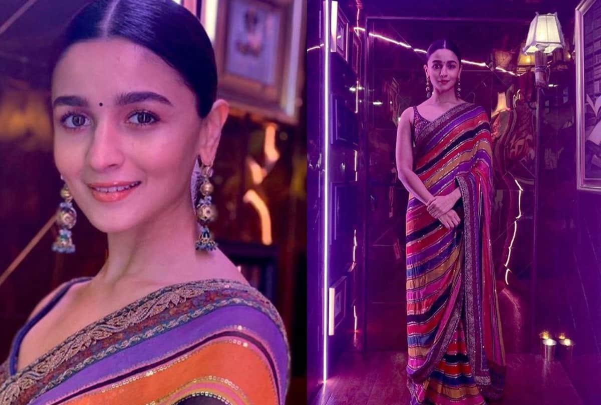 this bride wore alia bhatt striped saree designed by sabyasachi for pre engagement ceremony