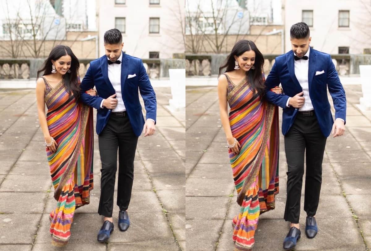 this bride wore alia bhatt striped saree designed by sabyasachi for pre engagement ceremony