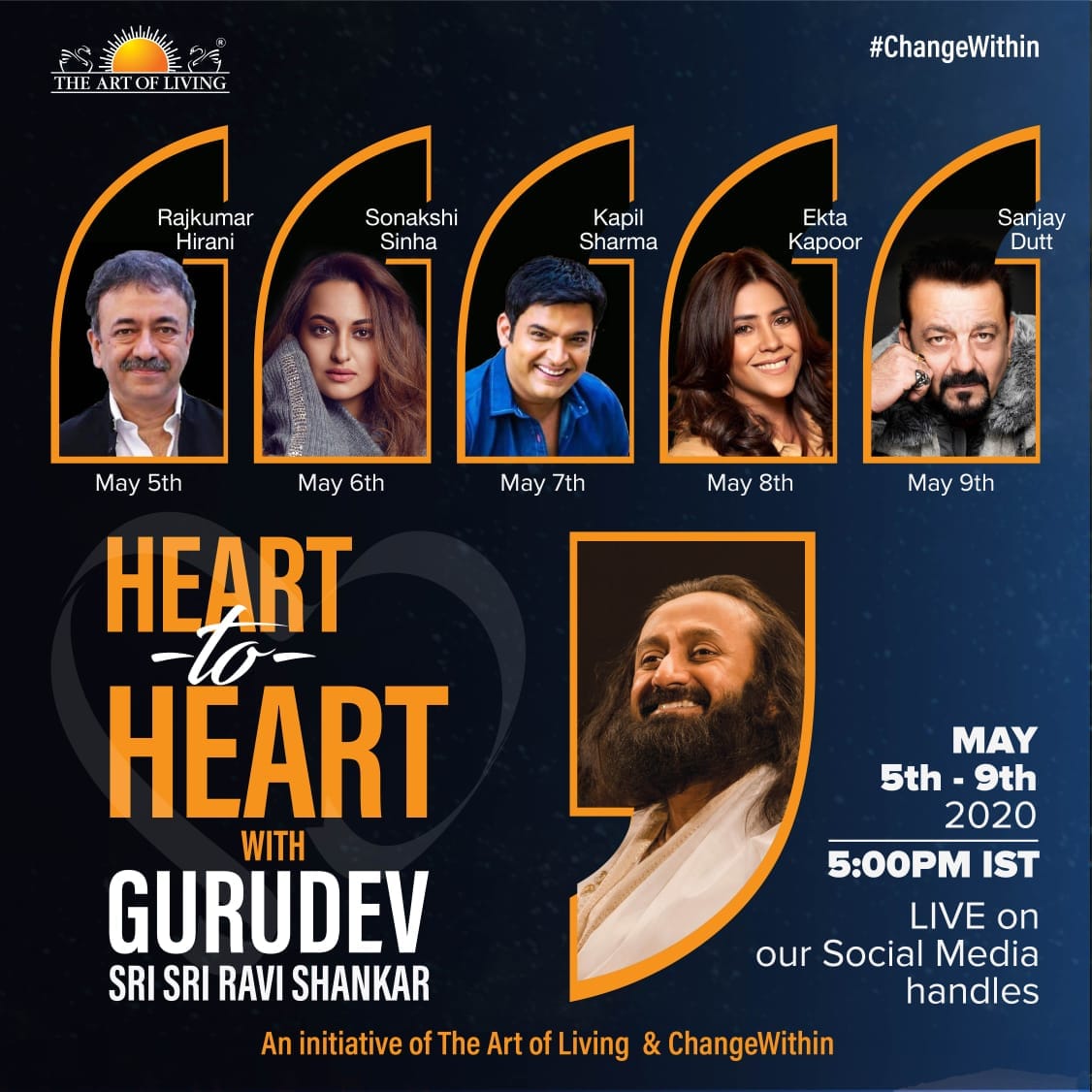 Rajkumar Hirani interacting with spiritual guru Sri Sri Ravi Shankar on May 5 Heart To Heart