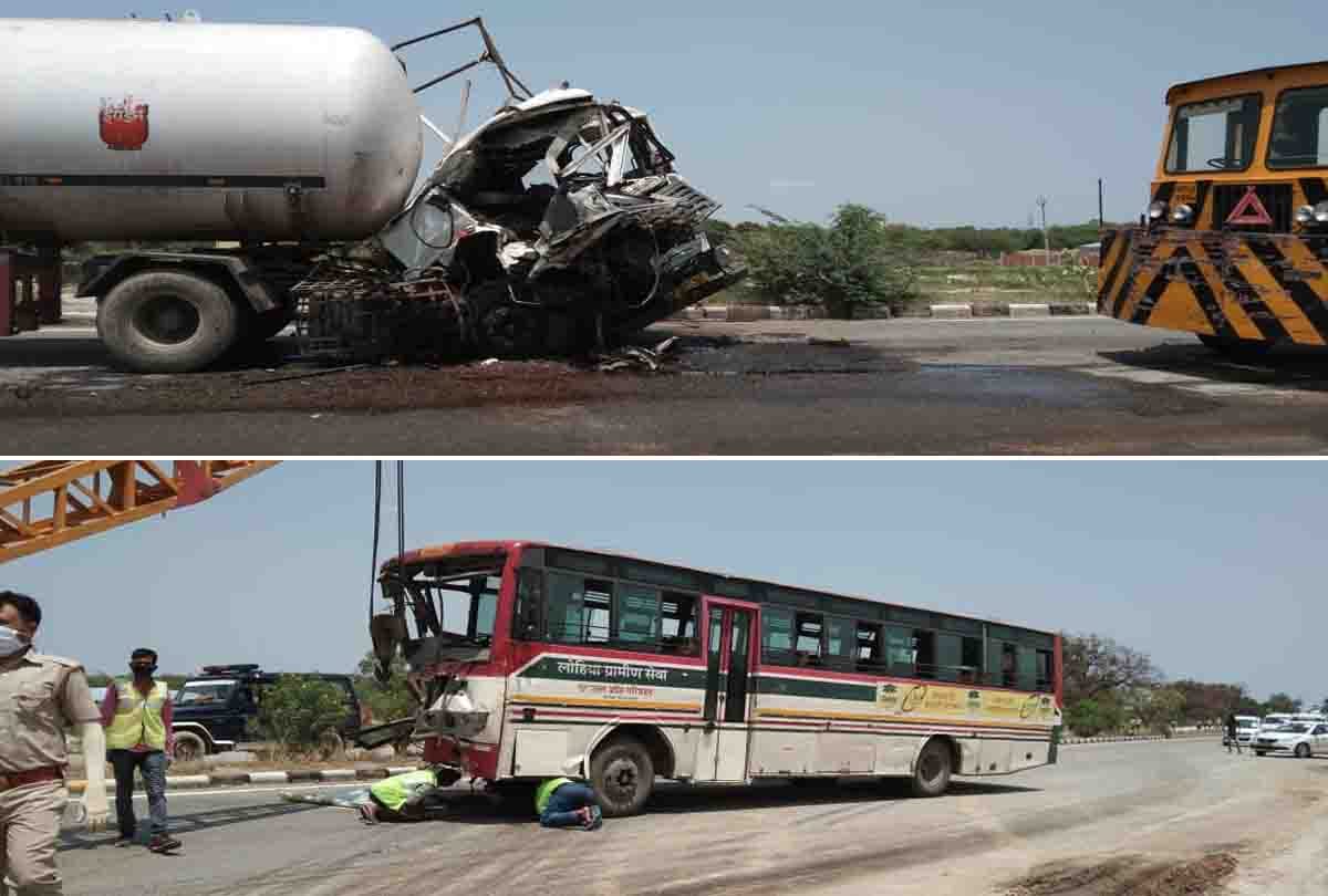 Roadways bus collided with container on highway, one driver killed in fatehpur