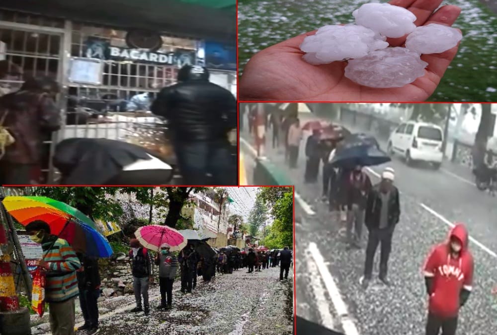 Lockdown 3.0 Wine Shop Open in Uttarakhand: people stand during hailstorm to buy liquor on Mall Road in Nainital