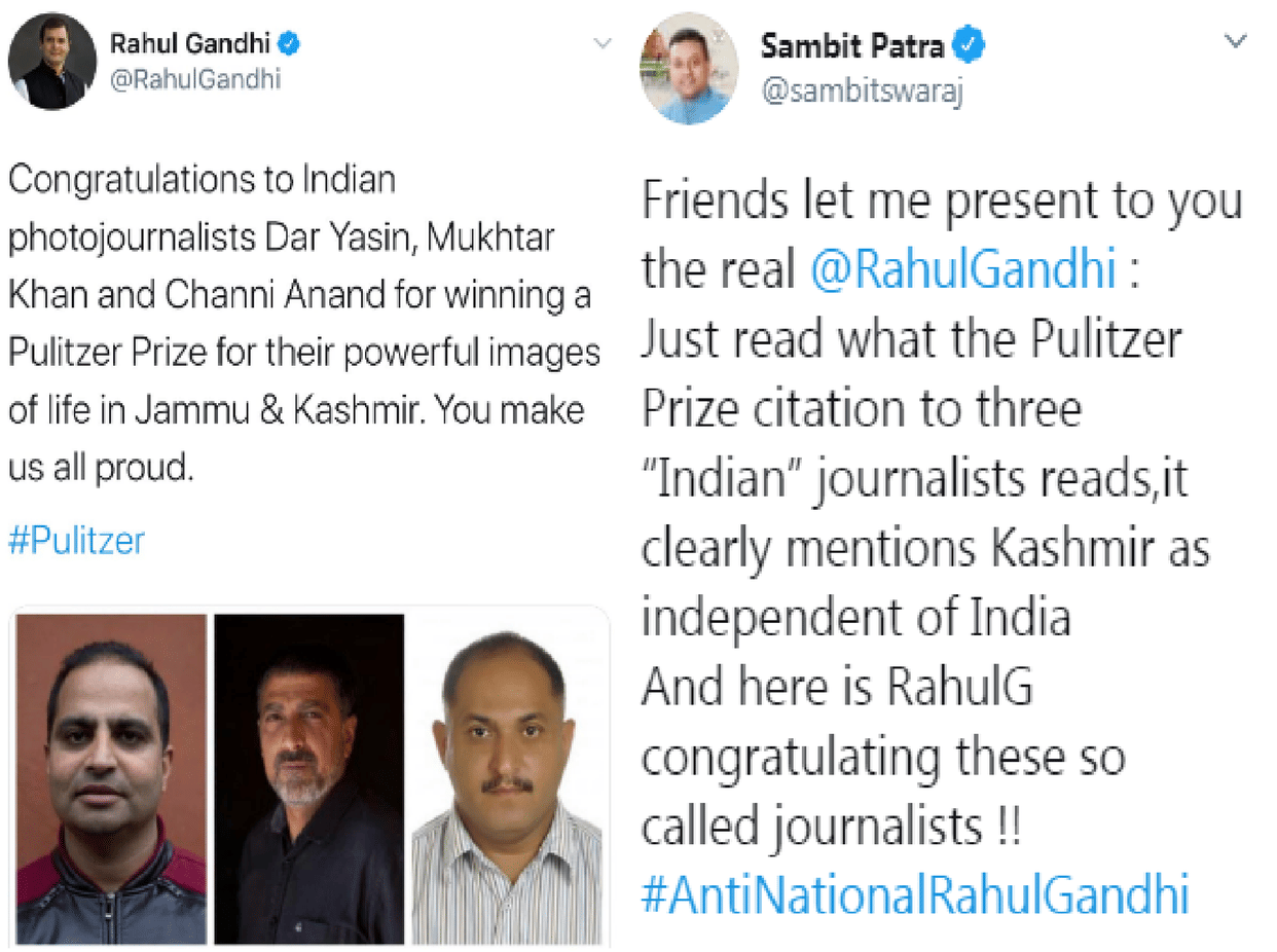 On congratulating three photo journalists of Jammu and Kashmir for winning the Pulitzer Prize, Rahul Gandhi has been called an anti-national by Sambit Patra