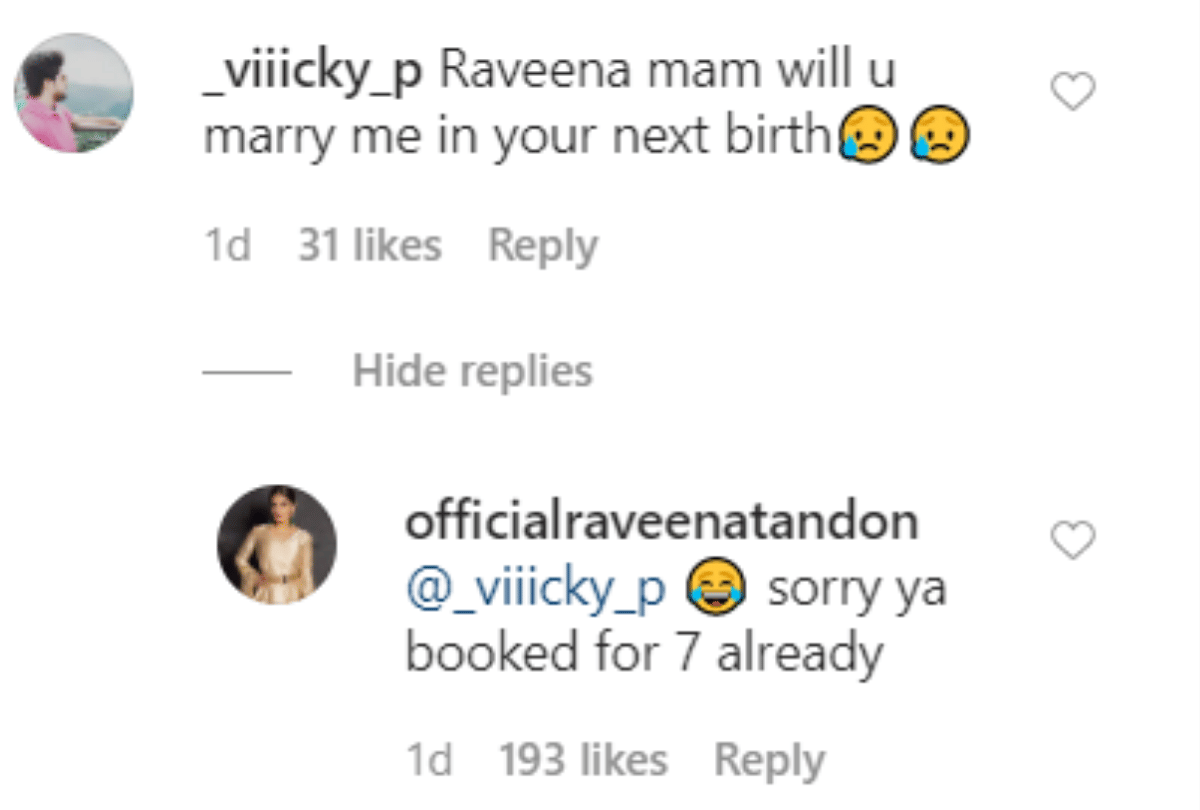 Fan proposes Raveena Tandon for marriage in his next birth actress reply him
