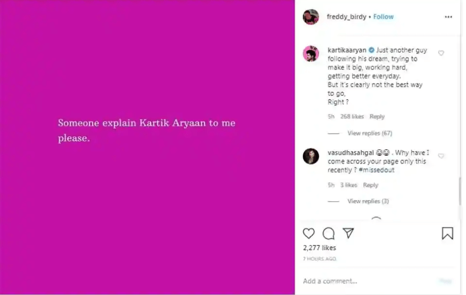 Kartik Aaryan replied to an Instagran user post asking someone to explain Kartik Aaryan to me