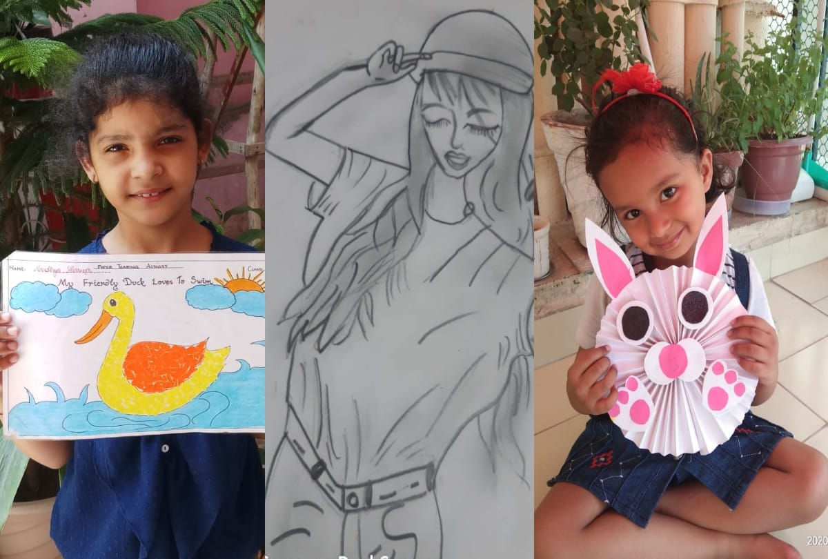 school children draw painting during quarantine in lockdown