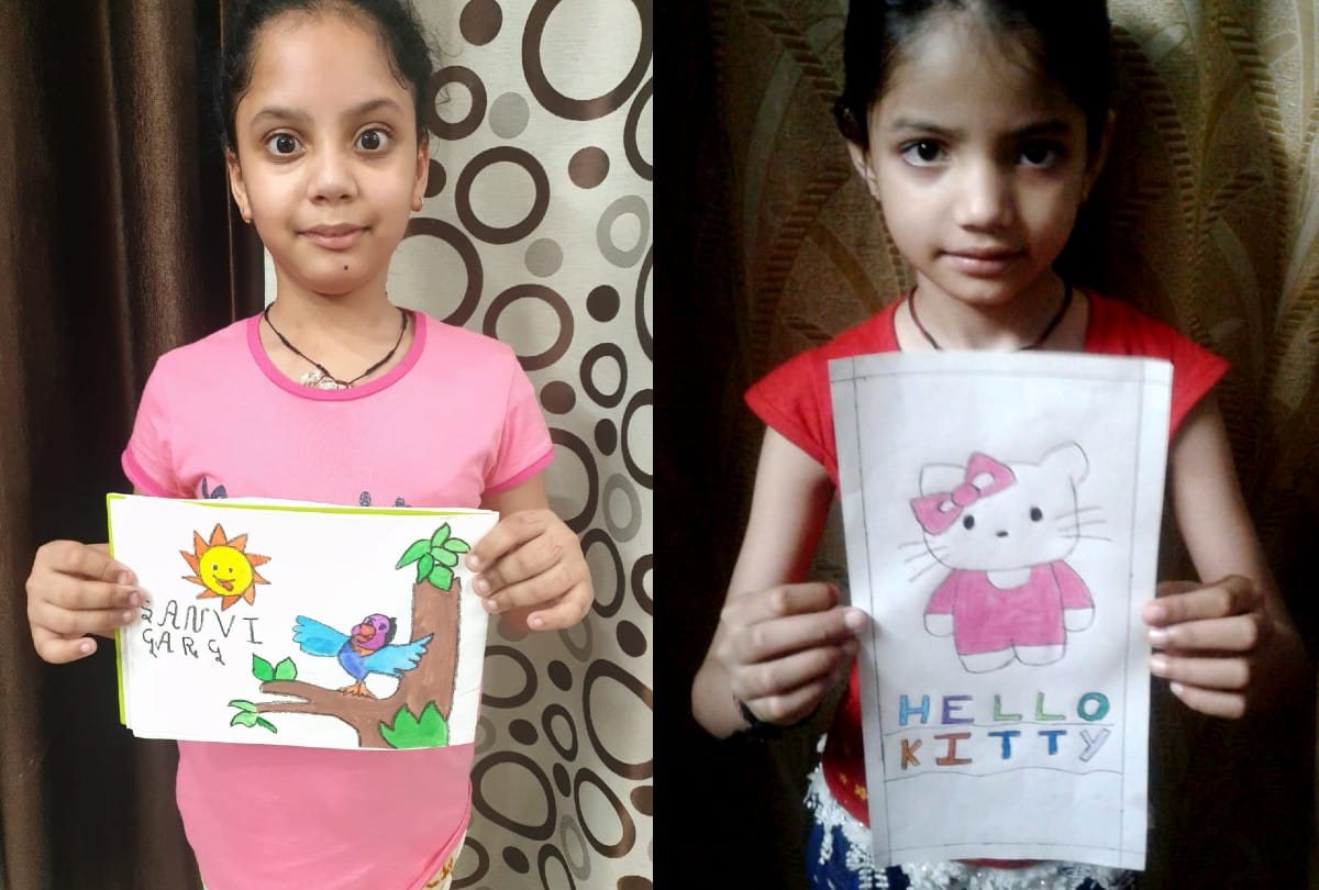 school children draw painting during quarantine in lockdown