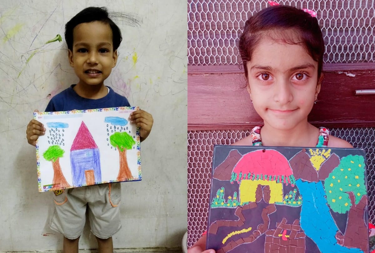 school children draw painting during quarantine in lockdown