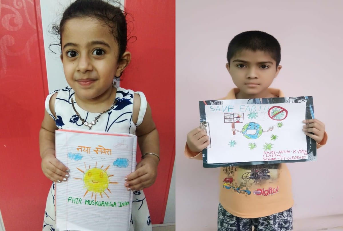 school children draw painting during quarantine in lockdown
