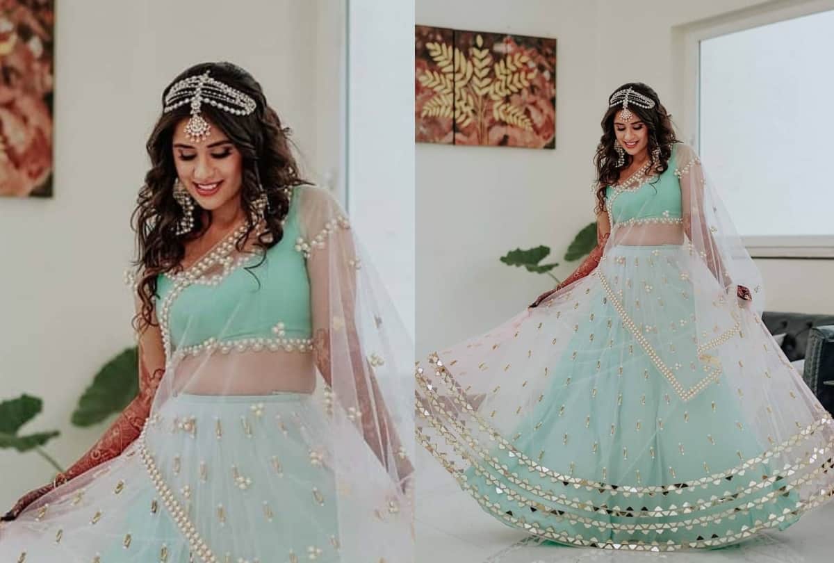 this bride mint green lehenga minimum jewellery with headgear win lakhs of heart on internet