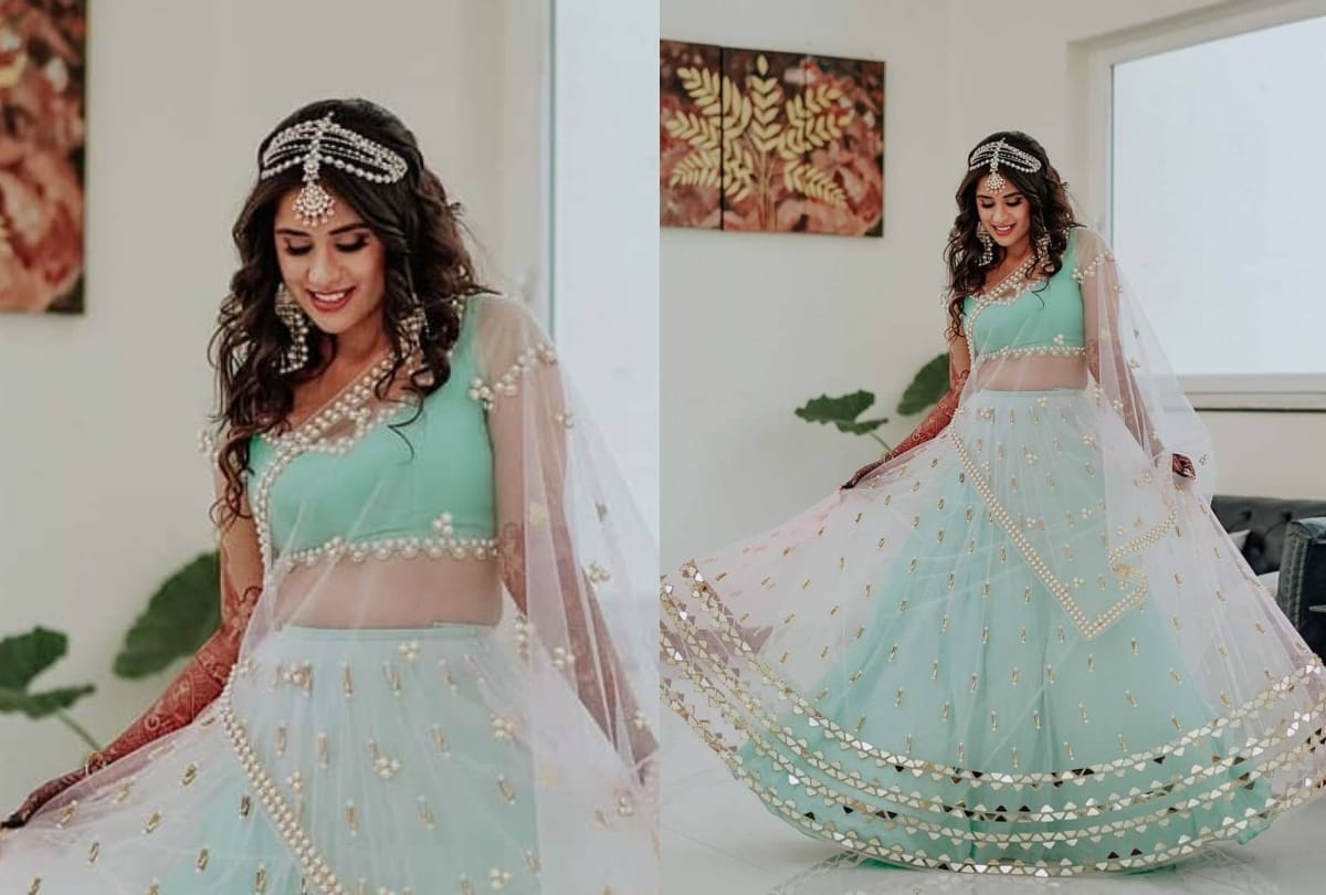 this bride mint green lehenga minimum jewellery with headgear win lakhs of heart on internet