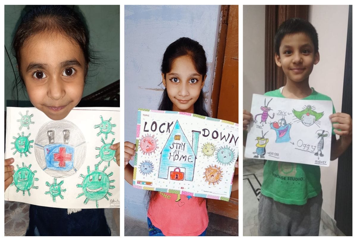 school children drawings or paintings during quarantine in lockdown