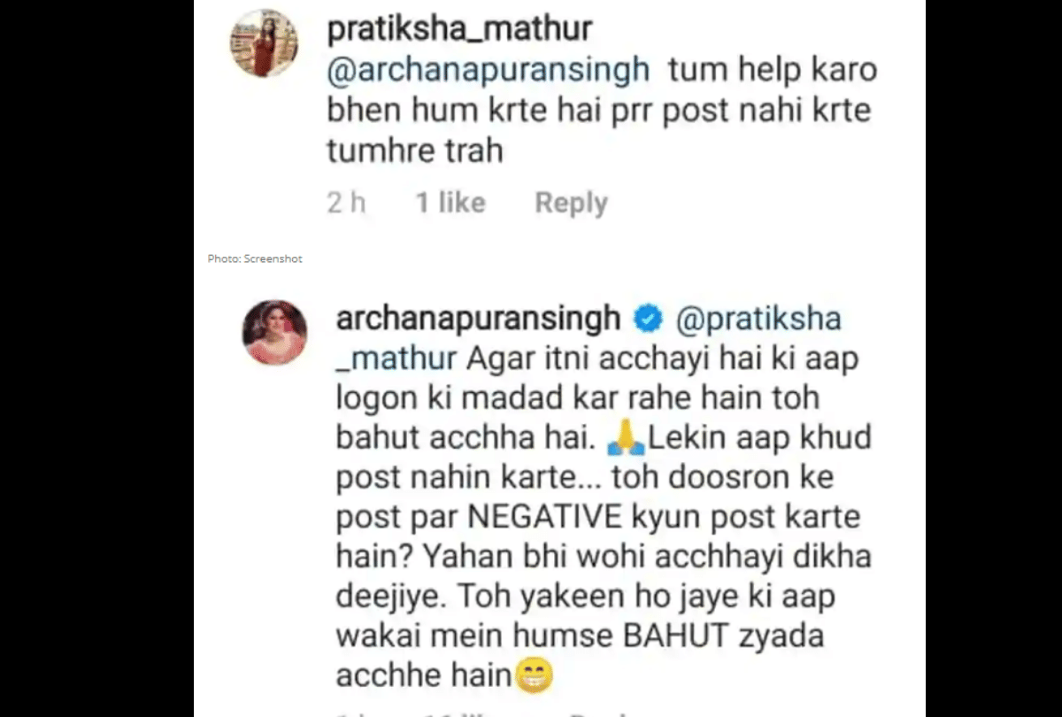 Archana Puran Singh reply when a User calls Archana show off for posting about humanitarian work