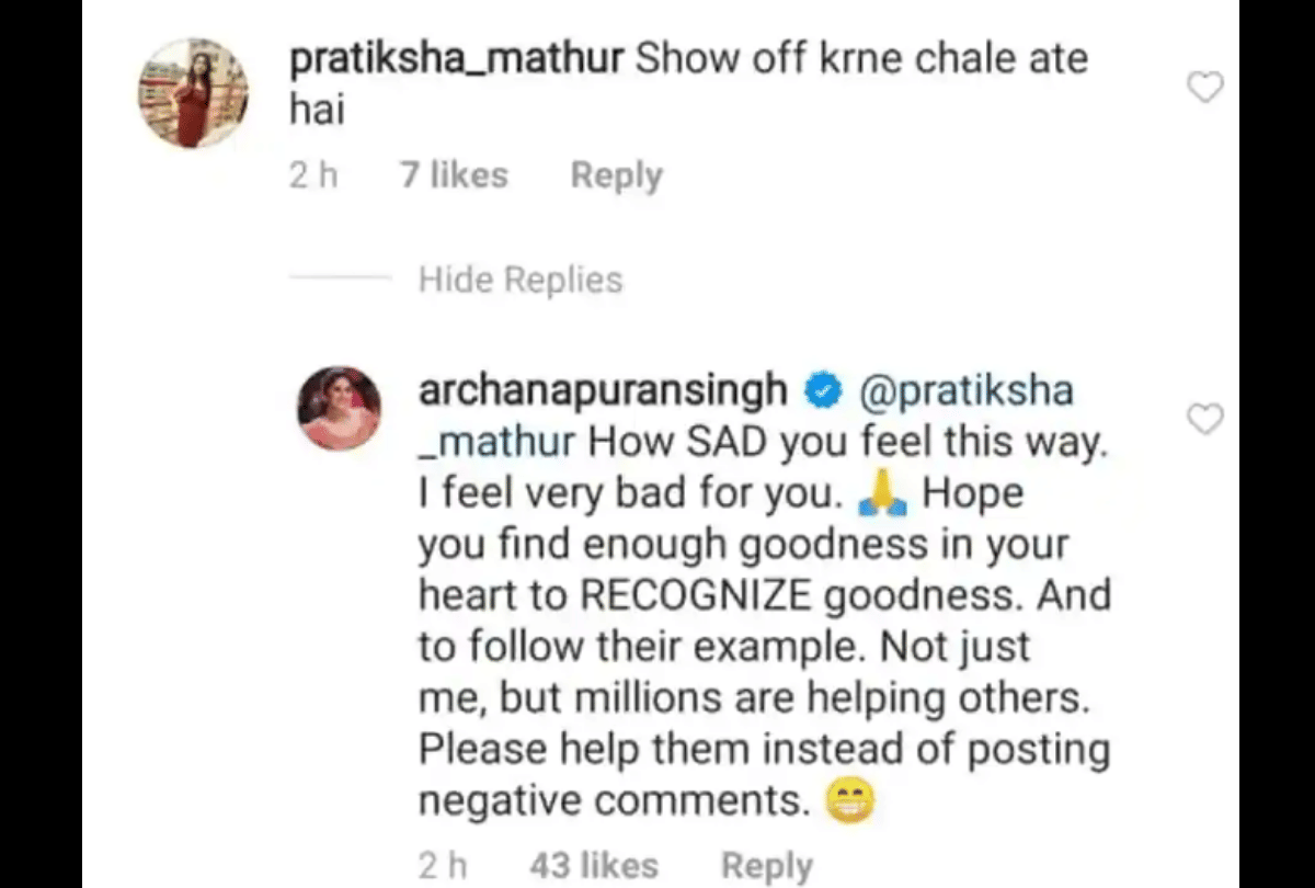 Archana Puran Singh reply when a User calls Archana show off for posting about humanitarian work