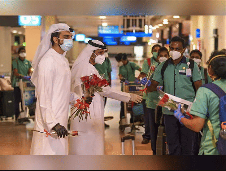88 indian nurses arrived in dubai todayto help uae in the fight against coronavirus nurses were welcomed by roses at dubai airport