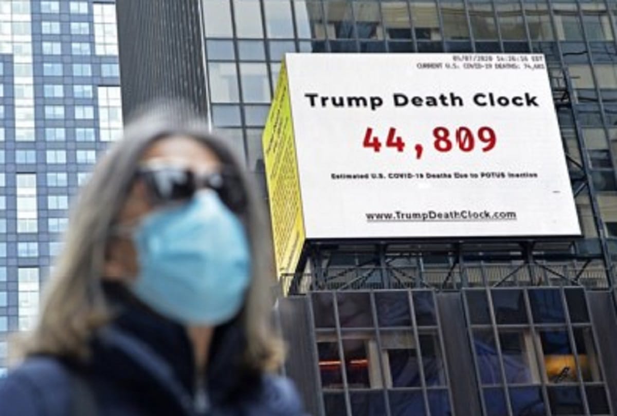 Trump Death Clock installed at time square showing number of deaths in new york due to Covid 19 pandemic