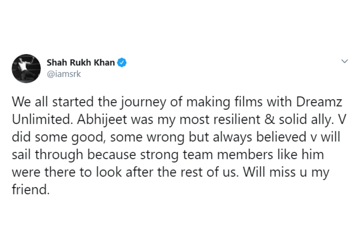 Shahrukh Khan Mourns over the demise of the initial member of the red chillies Entertainment