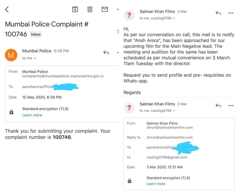 Actor Ansh Arora lodged a complain against an imposter Salman Khan Films