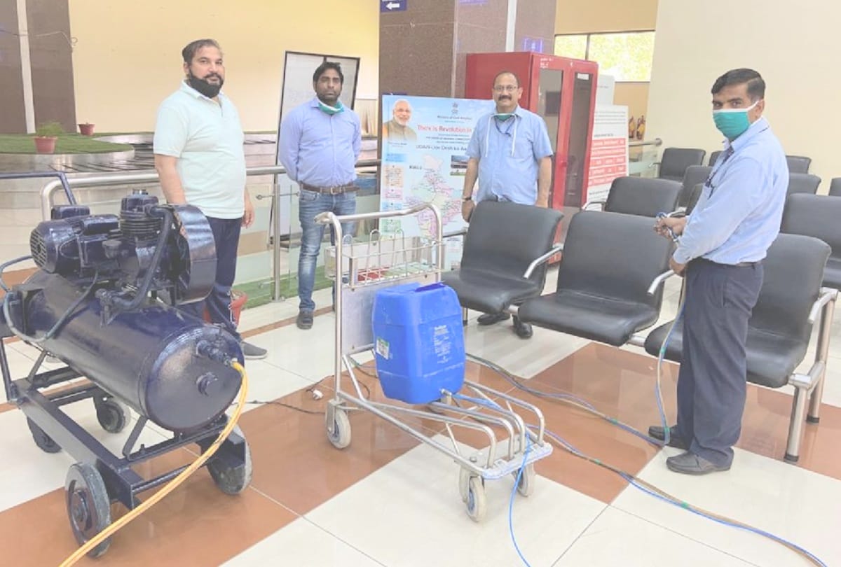 Two officers of Bhuntar Airport made a sanitation pumping machine made from junk