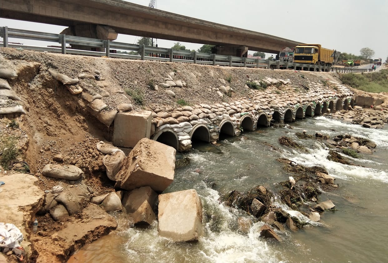 The base of the temporary bridge on the Karmnasha river near Syedaraja has started moving.