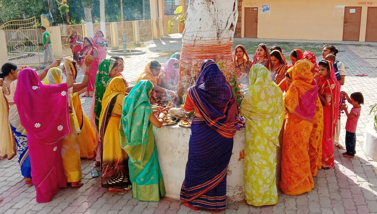 mahilayo ne pati ki lamvi aayu ke liye rkha bt savitri ka virth