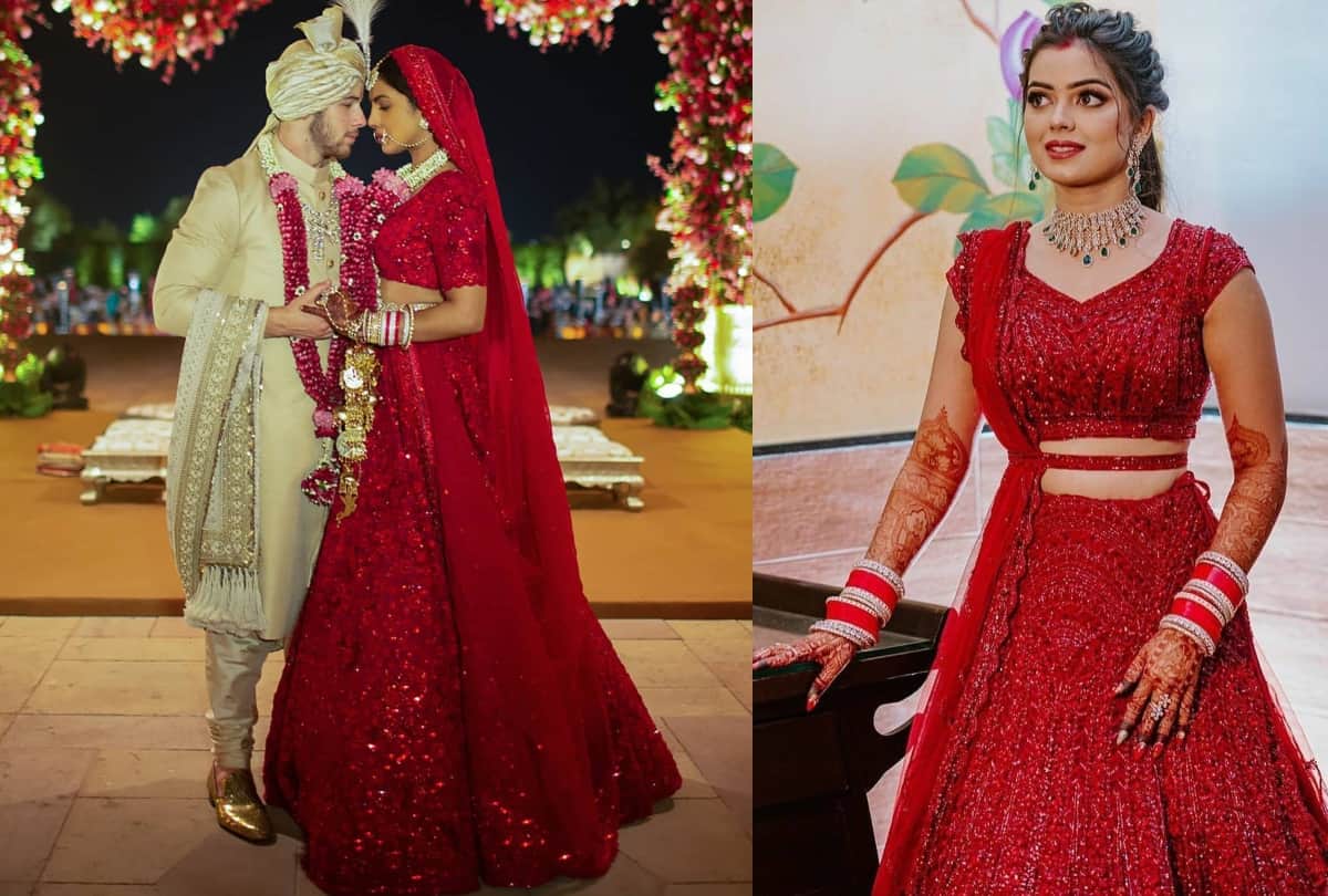 this real life bride red monochrome lehenga look like priyanka chopra wedding lehenga
