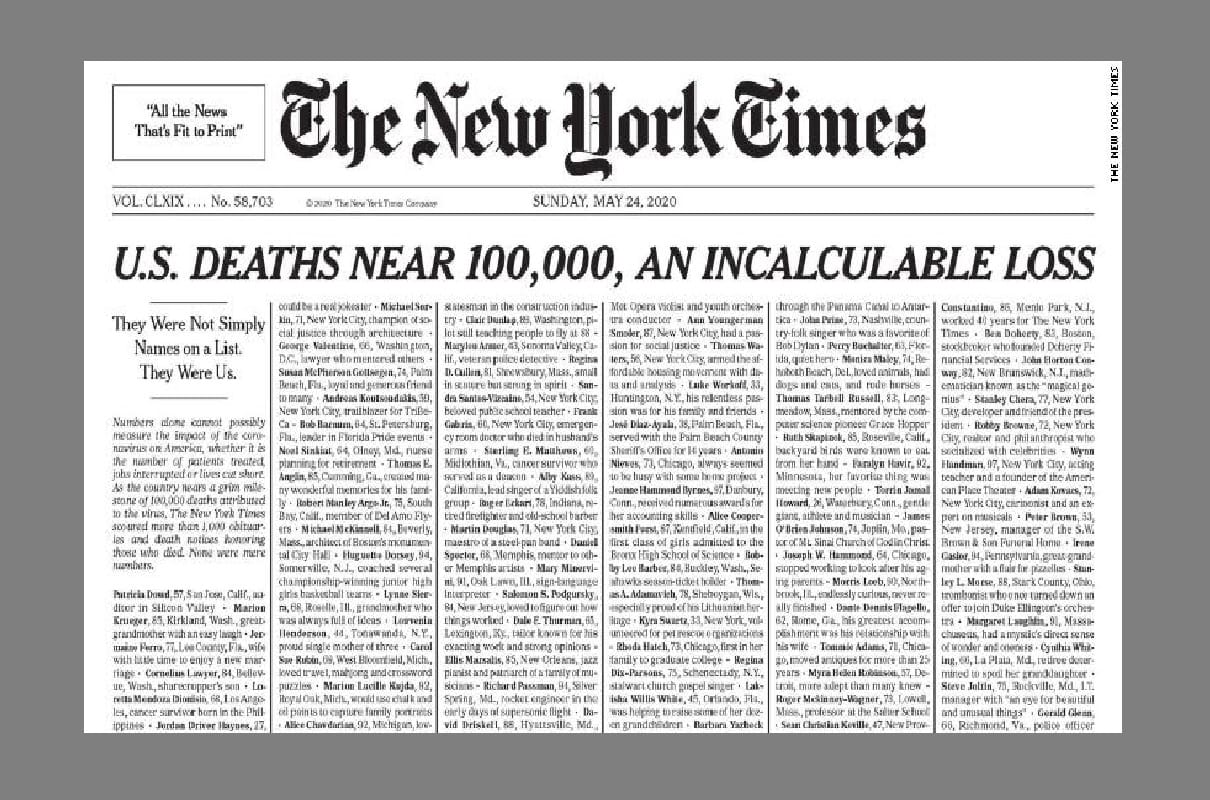 American Newspaper New York Times publishes names of people who lost life to coronavirus in country