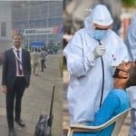 माहेश्वरी वायर्स के संचालक मनोज माहेश्वरी व जांच करते स्वास्थ्यकर्मी
