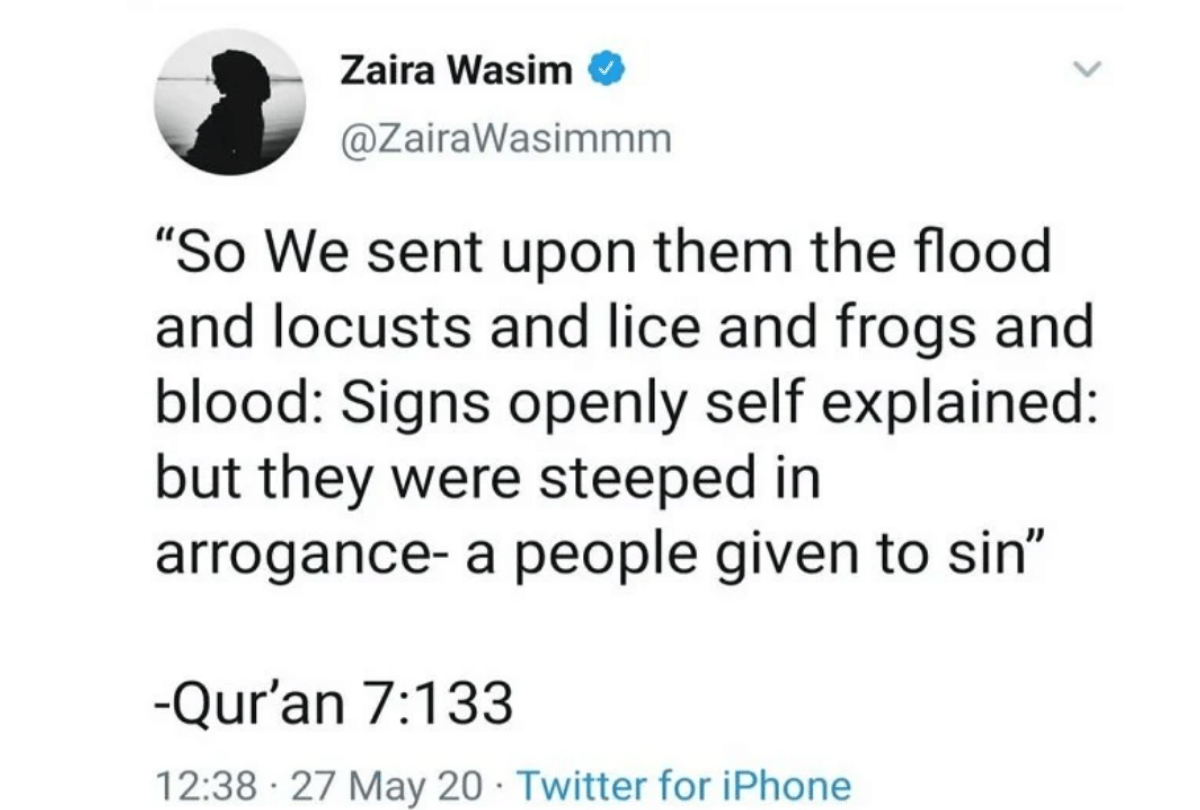 Zaira Wasim deletes her Twitter and Instagram accounts after troll on posting religious verse on locust attack