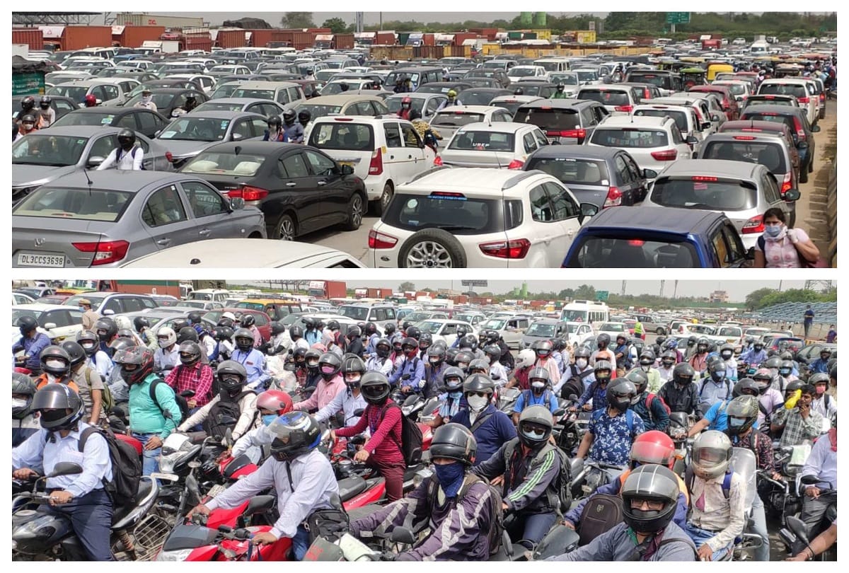 Delhi Haryana border sealed news in hindi: Gurugram single day 68 covid cases comes haryana government again tightens checking on delhi gurugram border long jam then open border see photos all updates