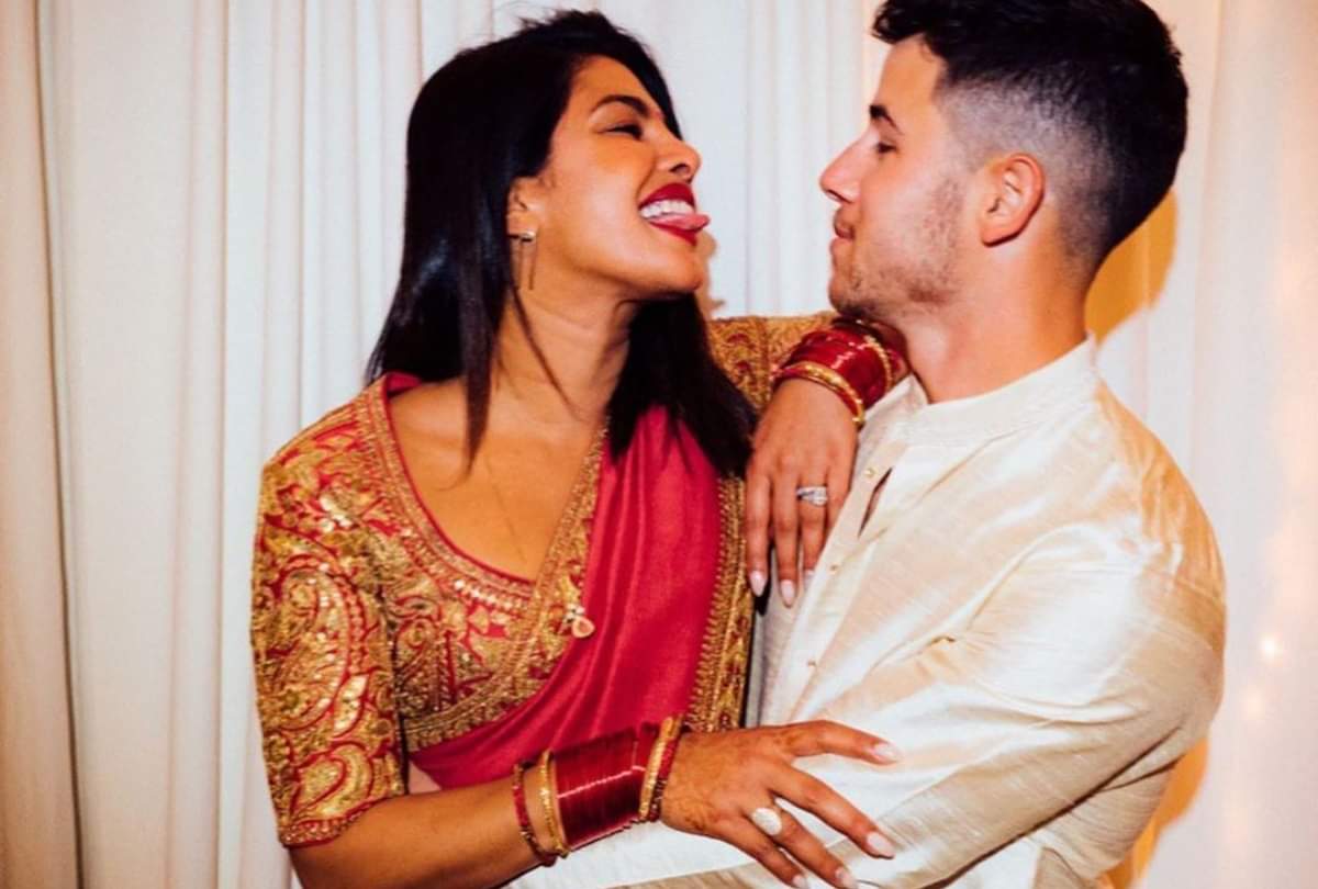 priyanka chopra wishes karwa chauth in red saree with husband nick jonas