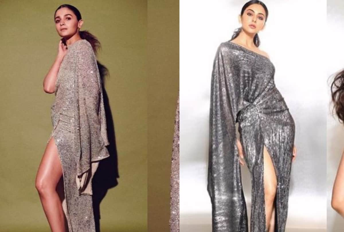 alia bhatt and rakul preet singh wore sparkley shimmer one shoulder gown whose look better