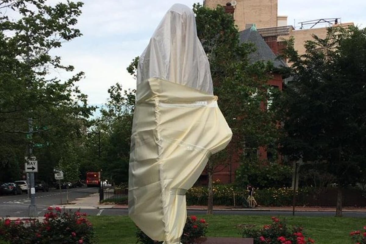 Mahatma Gandhi statue outside Indian Embassy in Washington DC desecrated by unruly protesters donald trump