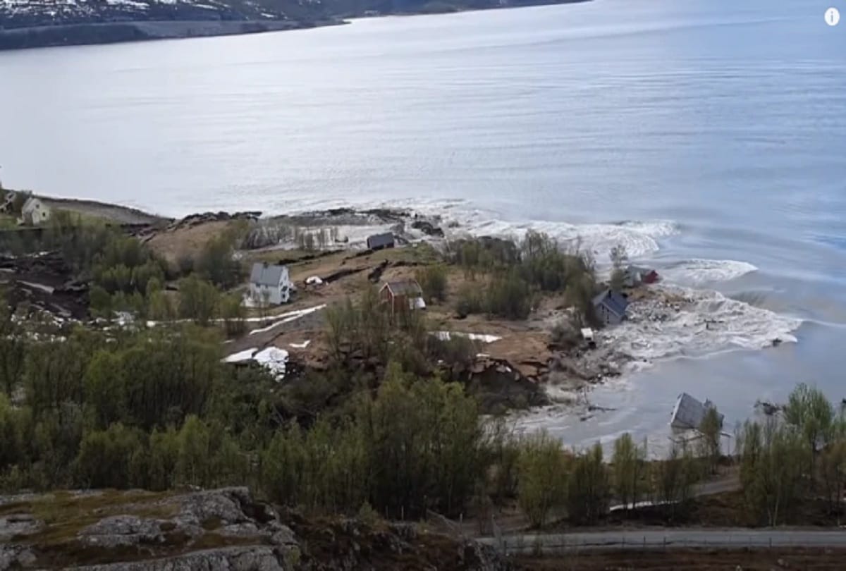 Viral video of landslide in Norway drags houses into the sea