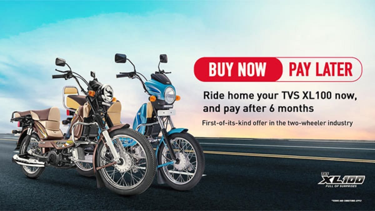 Special EMI offer on bu TVS motor on TVS XL100 model, buy now pay after 6 months finance scheme