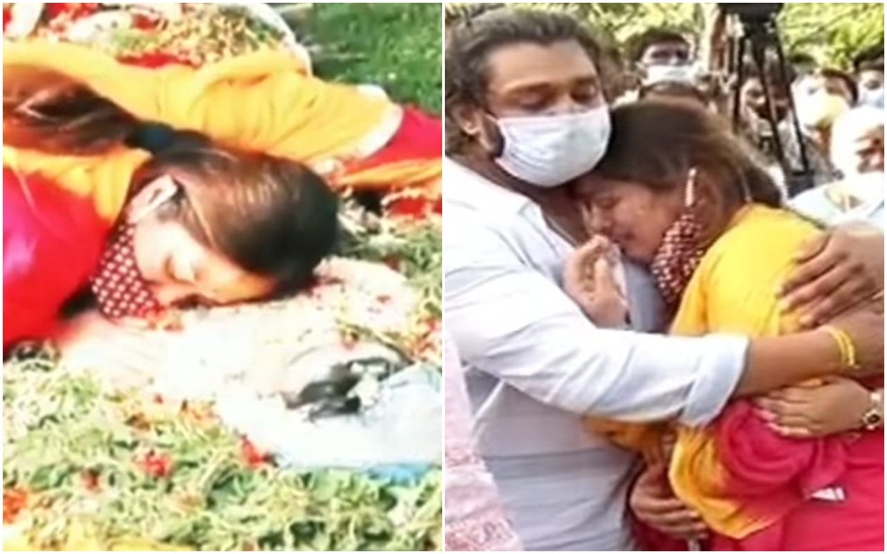Pregnant Meghana Raj cannot control her tears final goodbye to husband Chiranjeevi Sarja